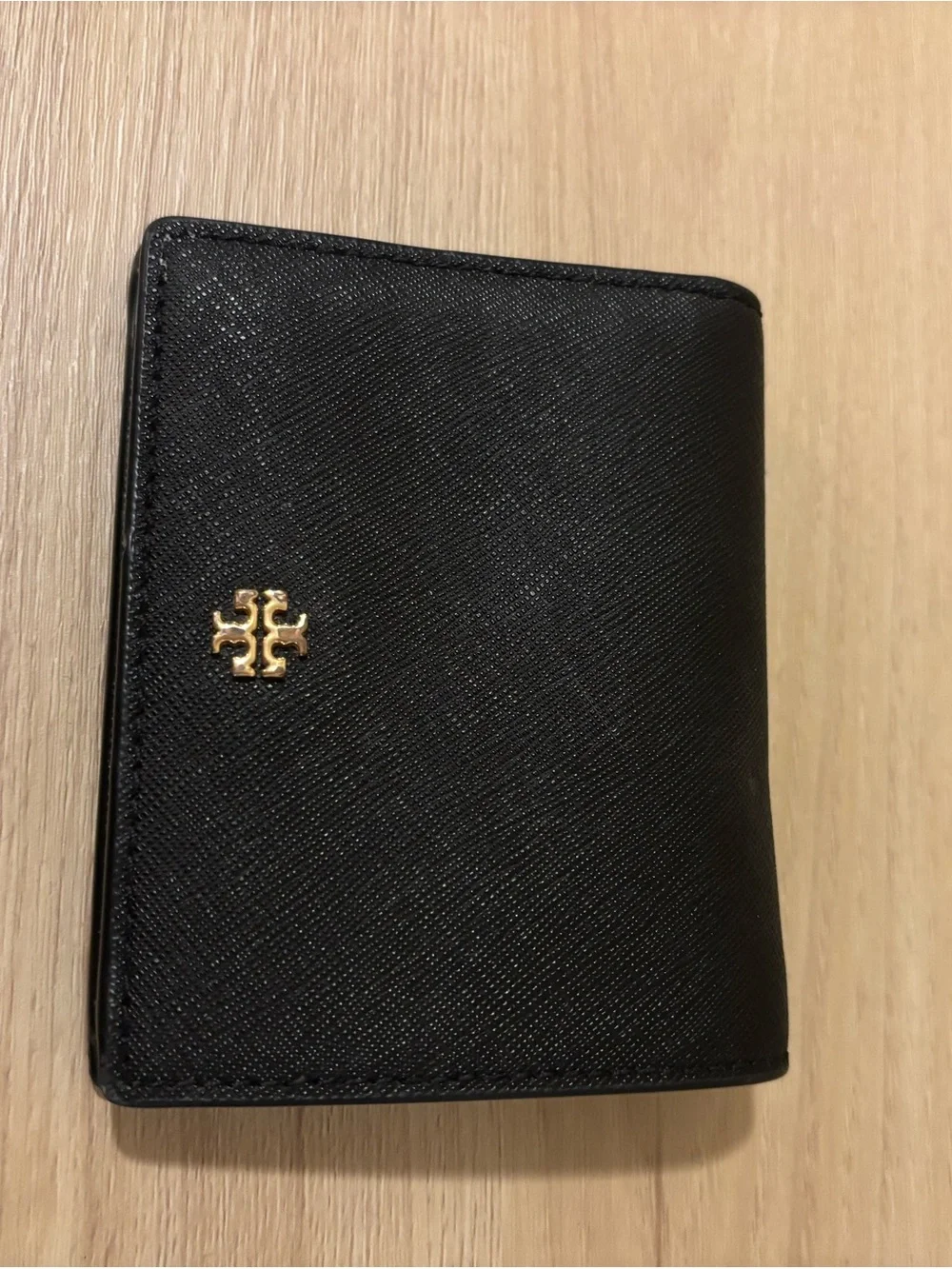 Tory Burch Black Leather Bi-Fold Card Holder with Gold Logo